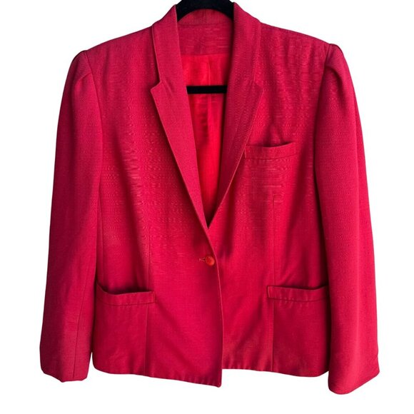 Saks Fifth Avenue Vintage 80s Womens Linen Look Red Pleat Shoulder Blazer Jacket - Picture 1 of 9